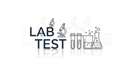 Fototapeta premium Modern lab test icons and text with microscopes and beakers symbolize scientific research and discovery.