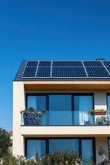Fototapeta premium Modern two-story house with glass balcony, potted plants on balcony railing, and multiple solar panels installed on dark-colored roof under clear blue sky
