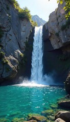 Naklejka premium Crystal-clear water cascading down a rocky mountain peak, reflecting sunlight in a breathtaking display of pristine nature The ultimate source of pure, refreshing water , spray, fresh, origin