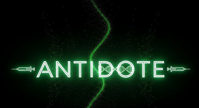 Discover the ultimate antidote with futuristic DNA helix and syringe graphics for medical innovation