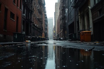 Fototapeta premium Narrow urban alleyway with wet pavement reflecting tall buildings and fire escapes under overcast sky