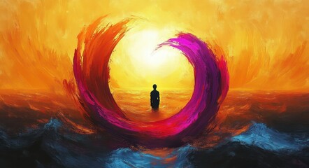 Silhouetted figure standing in water surrounded by vibrant swirling waves forming a circular shape against a bright warm sunset sky, evoking contemplation and wonder