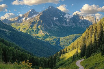 Obraz premium Winding road through dense pine forest leading to towering mountains with patches of snow under a partly cloudy sky during golden hour