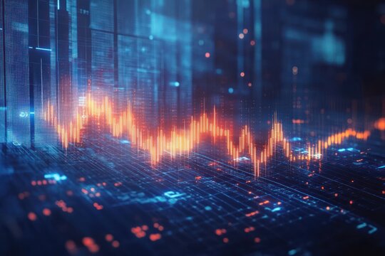 3d digital stock market graph with glowing orange line chart overlay on blue futuristic data grid background representing financial data analysis