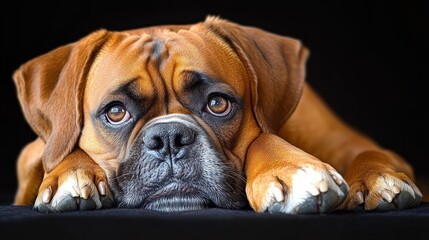 Close-up of a brown dog lying down on a black surface with a sad and thoughtful expression looking upward