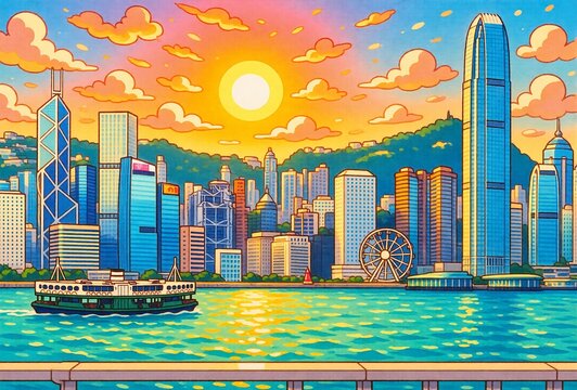 Vibrant cartoon Hong Kong cityscape at Victoria Harbour during sunset. Ferry cruises past towering skyscrapers and lush hills.