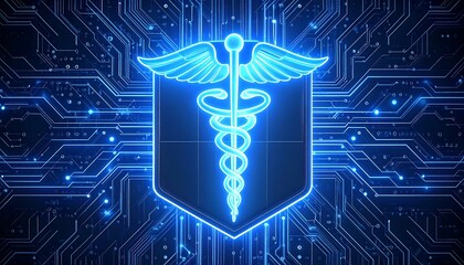 Glowing blue Caduceus emblem on a shield, set against a vibrant circuit board backdrop. Lines and dots evoke technology and health connections