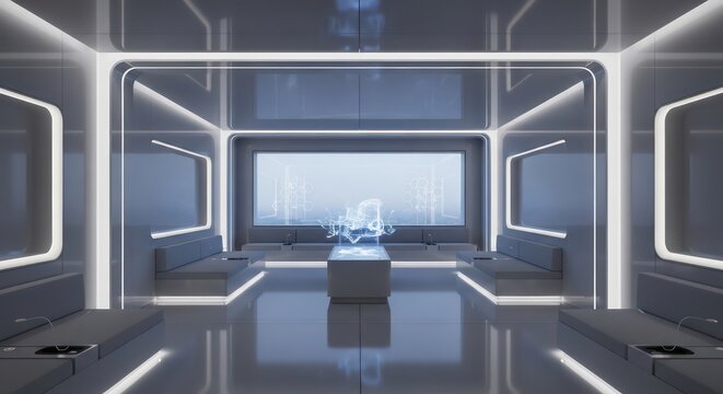 Futuristic Lounge with Holographic Display and Integrated Seating