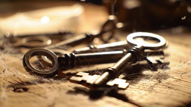 Vintage Skeleton Keys on Dusty Wooden Surface.