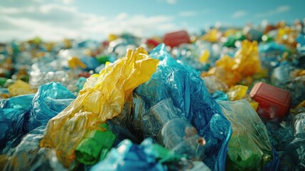 Environmental pollution crisis, plastic bags and bottles, waste disaster scene