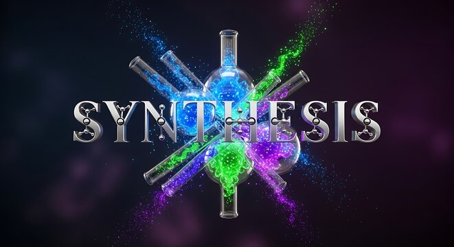 Dynamic science synthesis with glowing particles and laboratory glassware, perfect for innovation and research visuals.