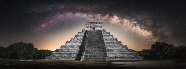 Ancient stepped pyramid under a starry night sky with a bright milky way arching across, surrounded by dark trees and faint orange horizon glow