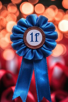 Close-up of a blue award ribbon with a circular badge indicating first place, set against a warm, out-of-focus bokeh background with orange and red tones