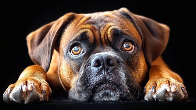close-up of a brown dog with expressive eyes lying down on a black background showing a sad or thoughtful emotion