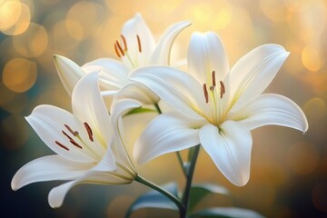 close-up of three white lilies with detailed petals and stamens against a soft golden bokeh background conveying calm and purity