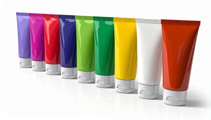 Colorful cosmetic tubes in a row against a white background offer a vibrant display. Ideal for artistic creations and creative projects