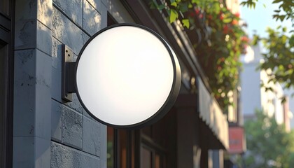 Round light box sign on a building facade with floral decor and urban background. Ideal for branding, advertising and storefront signage