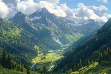 Fototapeta premium Vibrant mountain valley with towering peaks, lush greenery, winding road, and light filtering through clouds creating peaceful and majestic atmosphere