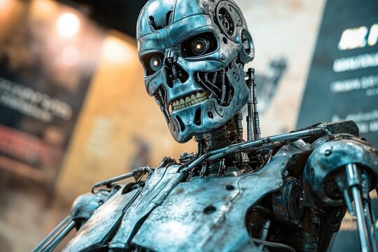 Close-up of a blue metallic humanoid robot with glowing eyes and visible mechanical parts showing a detailed robotic skull and upper torso with an intense gaze