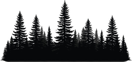 Silhouette of pine trees, evergreen forest landscape, black and white woodland scene, coniferous tree illustration, natural outdoor vector design for backgrounds © Shafik Creatives