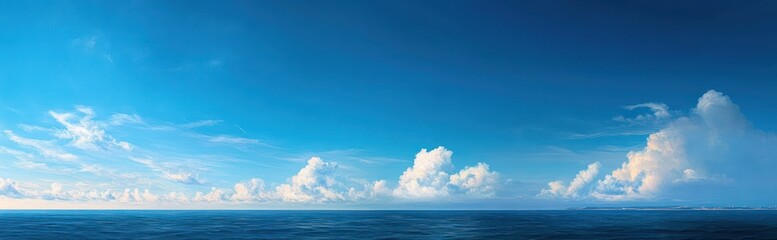 Obraz premium Vast calm ocean under a bright blue sky with scattered fluffy white clouds creating a serene and peaceful atmosphere