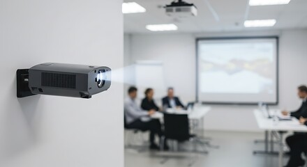 Fototapeta premium A projector mounted on a wall shines its beam towards a presentation screen in a conference room with people in a meeting.