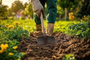 Fototapeta premium Person digging soil in a garden surrounded by yellow flowers on a sunny day, highlighting outdoor gardening activity and nature