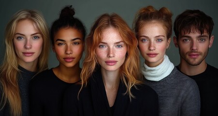 Close-up portrait of a diverse group of five young adults with neutral expressions facing forward against a dark background