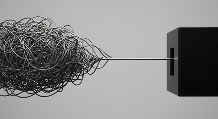 A black box transforms a tangled wire into a straight, polished line, a powerful metaphor for simplification, processing data, and finding clarity from chaos