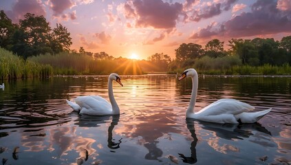 Two Graceful White Swans Glide