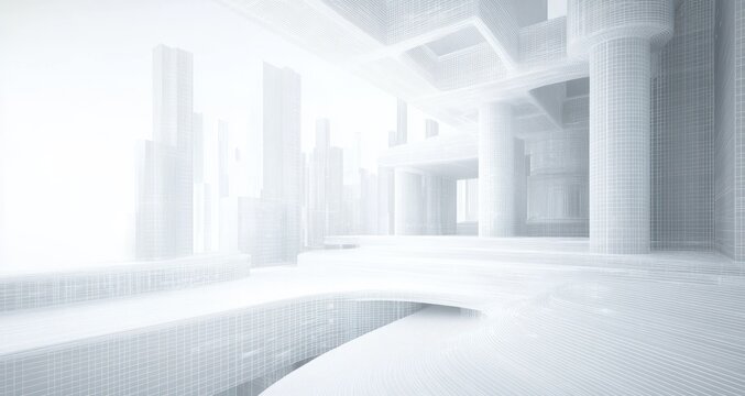 Futuristic architectural 3D wireframe model depicting a vast urban space with towering skyscrapers and intricate curved structures, conveying a sense of innovation and modernity