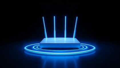 A sleek Wi-Fi router with glowing blue antennas and light rings on a dark background, symbolizing high-speed internet, futuristic technology, and wireless connectivity.