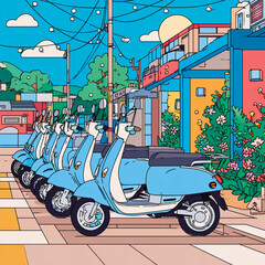Scooterrental - A row of electric scooters parked on a vibrant urban sidewalk --sref 2782005208 --v 7.0 - @ttkd0310 (relaxed)