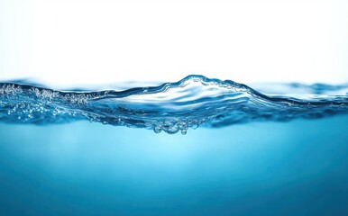 Close-up of clear blue water surface with gentle waves and small bubbles under bright soft light