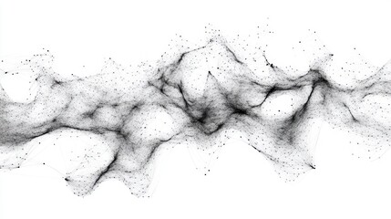 Abstract black interconnected dots and lines forming a flowing network structure on a white background, evoking complexity and connectivity