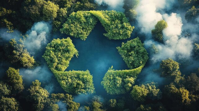 Aerial view of lush green trees arranged in a recycling symbol surrounded by mist and other forest trees conveying environmental care and sustainability