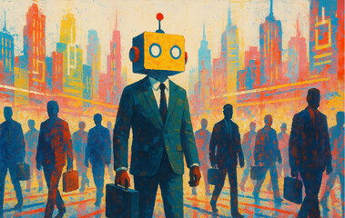 Robot Head Businessman in Futuristic City Crowd Illustration/未来都市の群衆に立つロボット頭のビジネスマン イラスト