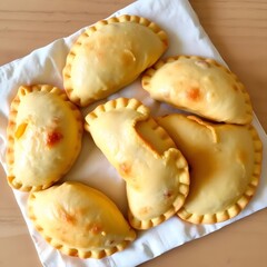 Golden baked empanadas filled with savory ingredients arranged on a white napkin ready to eat