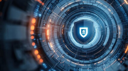 Futuristic digital circular interface with glowing shield and lock icon symbolizing cybersecurity and data protection in a high-tech environment