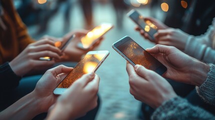 Obraz premium Close-up of multiple people holding and interacting with smartphones with glowing screens in a low light environment
