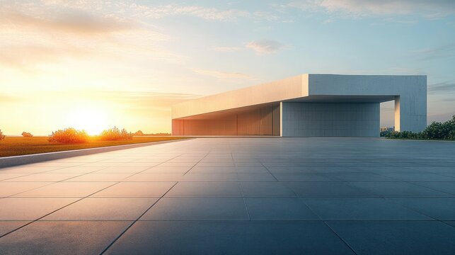 Modern minimalist concrete building with large glass windows at sunrise surrounded by open landscape and clear sky