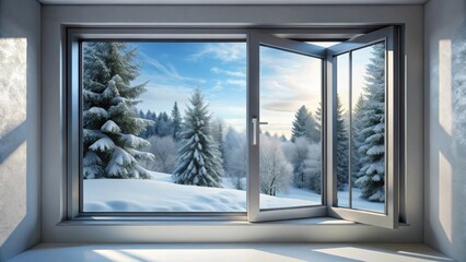 Fototapeta premium Serene Winter Landscape Viewed Through an Open Casement Window, Illuminating a Room with Soft Sunlight