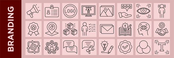 Minimal line icon set for branding and marketing, featuring logos, identity, communication, design, creativity, and business strategy.