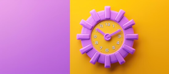 Purple clock face on a yellow background with purple space on the left.
