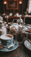 Cozy close-up of a blue patterned teacup, dark tea, and sugar cubes on a rustic wooden table, with blurred background