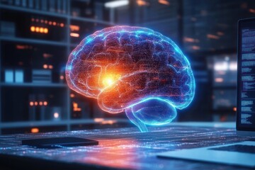 Holographic projection of a glowing human brain with neural network visualization on a high-tech desk in a futuristic office setting