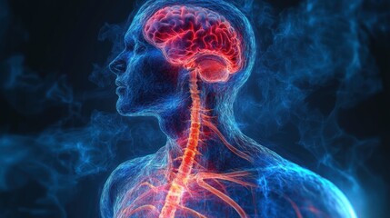 Visualization of human nervous system anatomy with highlighted brain and spinal cord in vibrant red and blue tones depicting neural connections