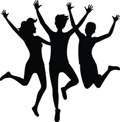 Three happy people jumping in joy silhouette
