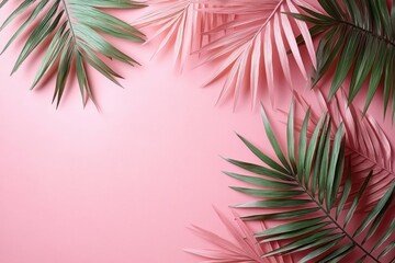 Fototapeta premium Arrangement of green and pink palm leaves on a soft pink background creating a calm and tropical atmosphere