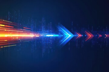 Bright glowing arrows in blue and orange moving forward on dark digital background with scattered data points symbolizing speed and progress